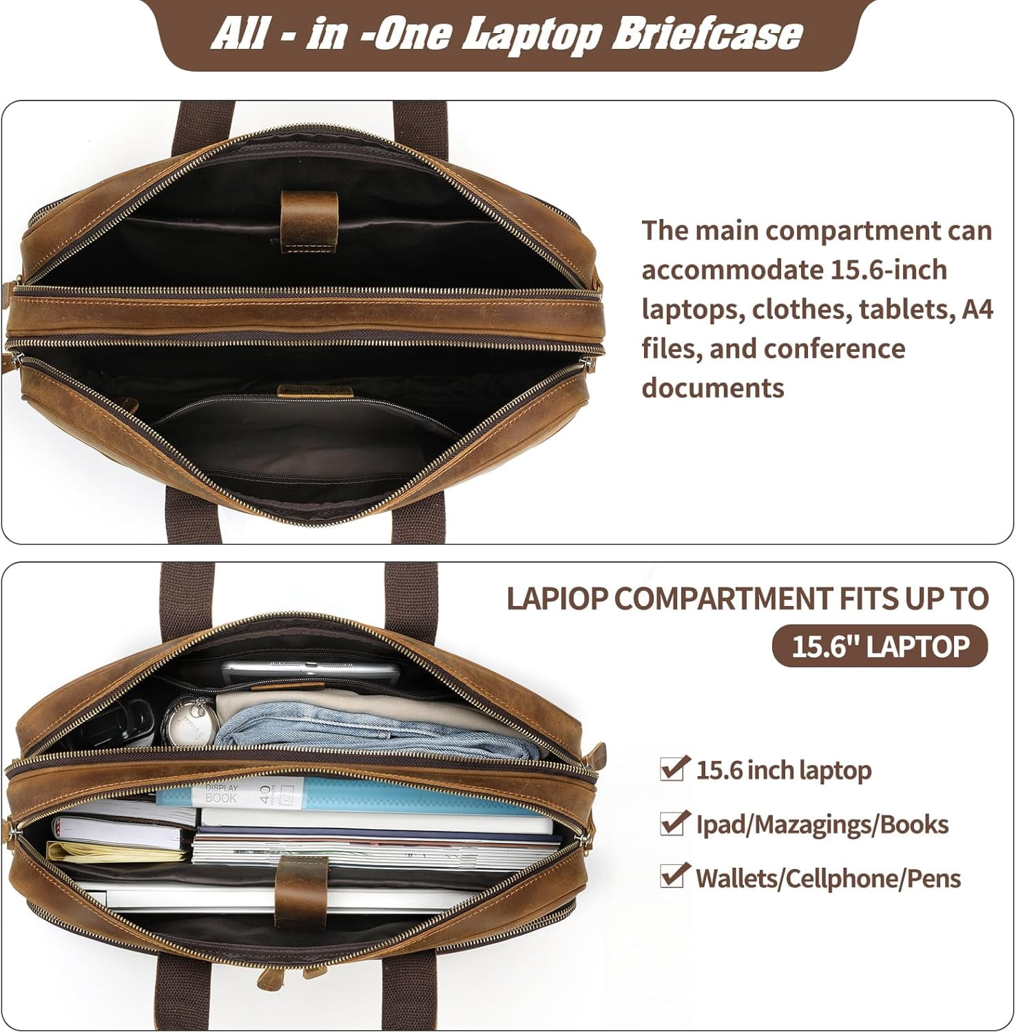 Full Grain Leather Briefcase for Men, Business Messenger Bag Laptop Bag Attache Case, Fits 15.6 Inch Laptop