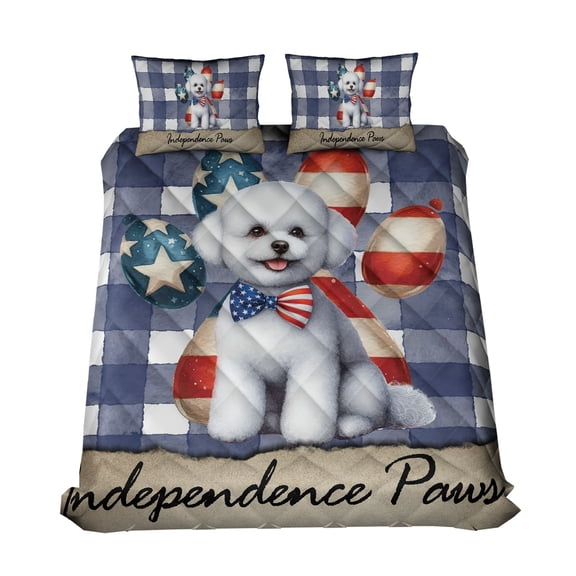 Patriotic Bichon Frise 4th of July Independence Paws Quilt Bedding Set Bichons Dog Lovers Gifts Idea 1 Blanket Bed Cover 2 Pillowcases - 02010