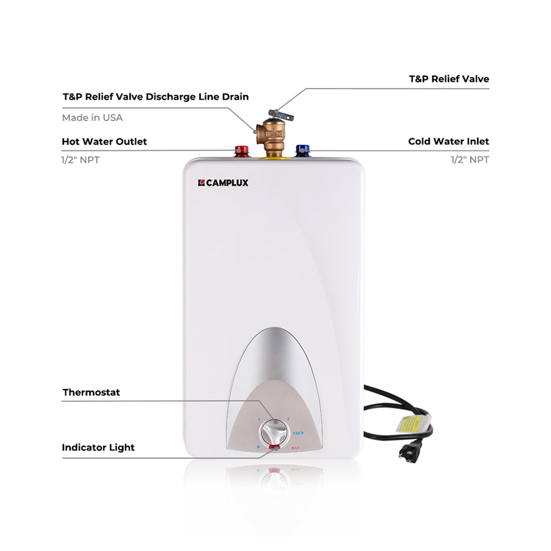 CAMPLUX 4-Gallon 1440W Mini Tank Point of Use Electric Water Heater, UL Listed, Compact Installation