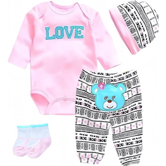 Reborn Baby Dolls Clothes Love Pattern 4pcs Set for 17-22 Inch Newborn Baby Doll Girl, Doll Clothing Cute Bear Outfit Accessories fit 17-22 Inch Reborn Doll Girl&Boy