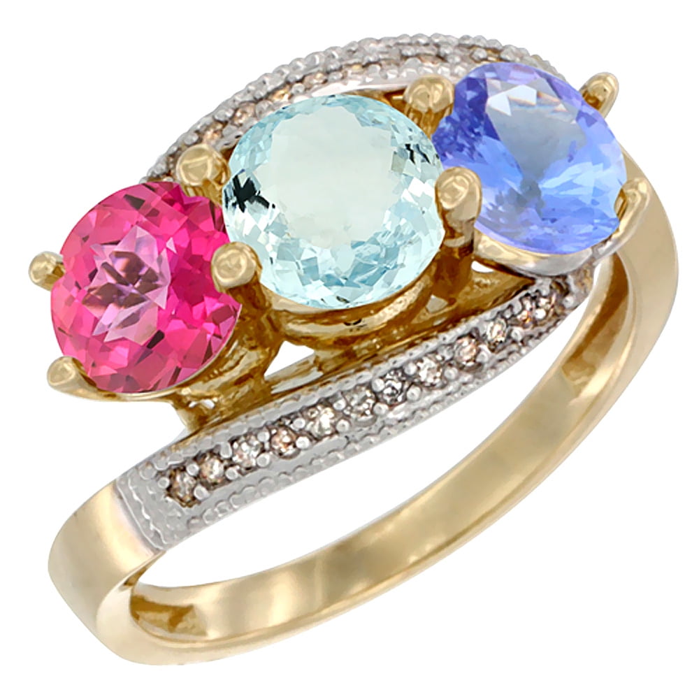 14K Yellow Gold Natural Pink Topaz, Aquamarine & Tanzanite 3 stone Ring Round 6mm Diamond Accent, size 5 by Gabriella Gold