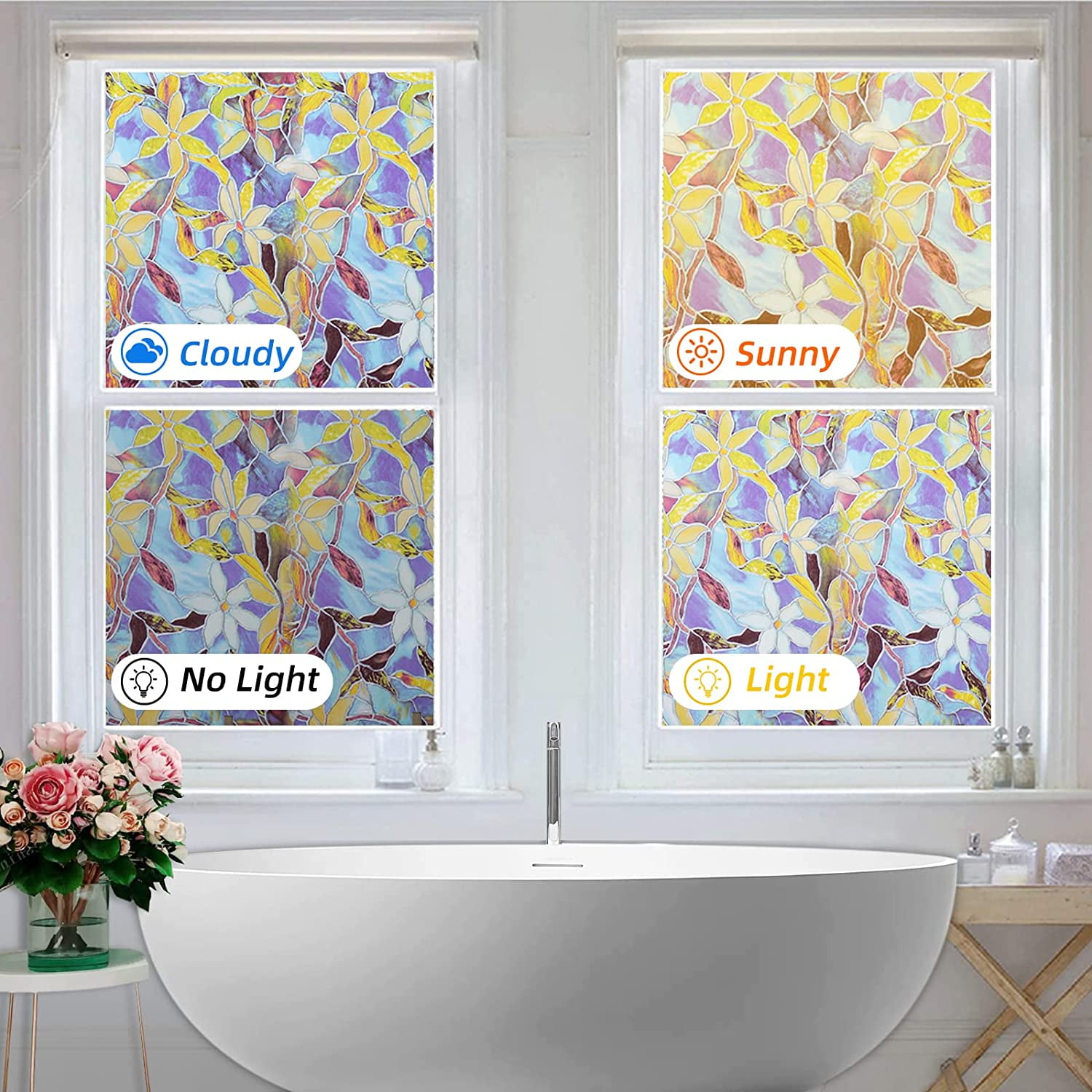 BSHAPPLUS® 17.7x78.7 Stained Glass Window Film,3D Iridescent Privacy Film,Rainbow  Window Sticker 