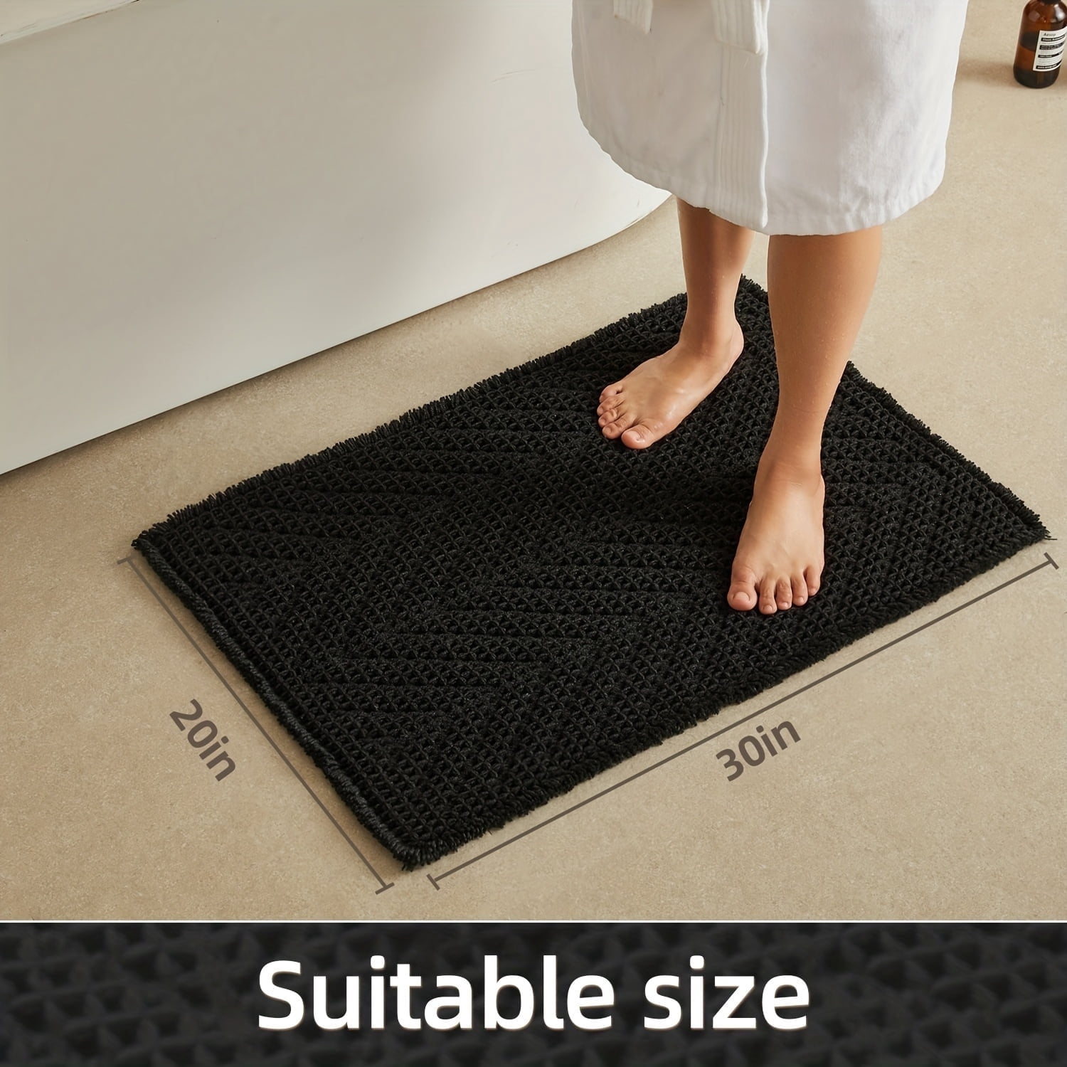 BULULOM Black Bathroom Rug, Waffle Bath Mat Non Slip Washable Super Absorbent Quick Dry, Boho Farmhouse Bathroom Decor, 20"*30" Black