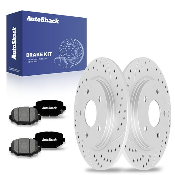 AutoShack Rear Drilled & Slotted Brake Rotors Premium Ceramic Brake Pads | Replacement for Chrysler Town & Country Dodge Grand Caravan 2013 Journey | Silver Coated | 6-PC Brake Kit | TurboGuard