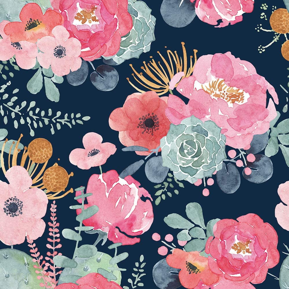 Peel and Stick Modern Floral Wallpaper Pink,Green,Navy Blue,Orange