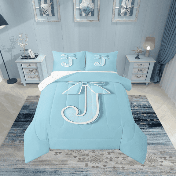 Erosebridal Blue Bowknot Comforter Sets Twin Size, Initial Letter J Comforters & Duvets, Cartoon Monogrammed Reversible Duvet Insert, Breathable Bedroom Decorative, 2pcs