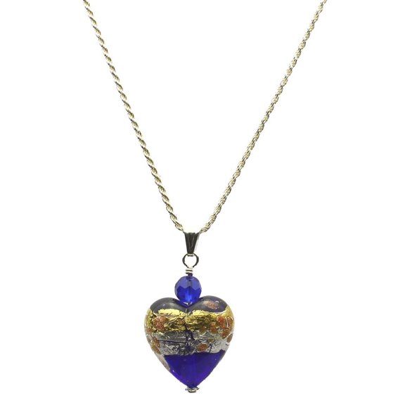 Blue Murano-style Glass Heart Pendant Sterling Silver Diamond-Cut Rope Chain Necklace 22"