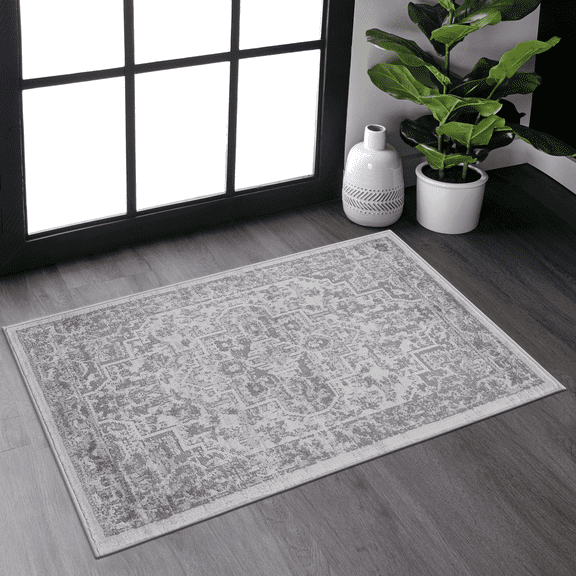 2' x 3' Silver Oriental Area Rug Non-Shedding Stain Resistant Medium Pile Carpet for Living Room Bedroom Dining Room Home Office Entryway