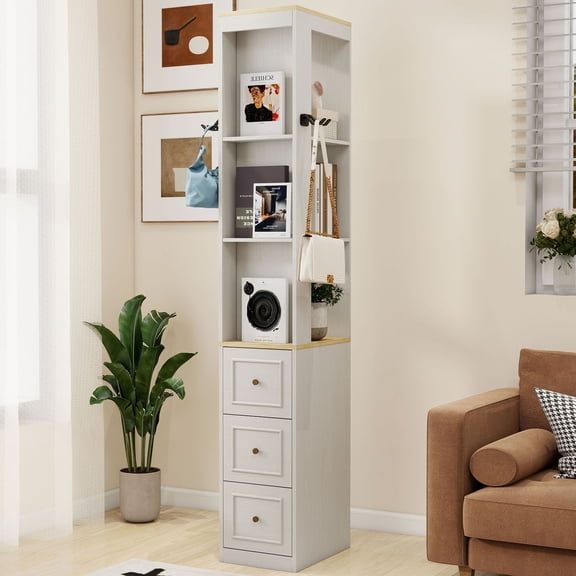 S-HOME 73 Inch Tall Slim Storage Cabinet Antique White with 3 Drawers and 2 Hooks for Small Spaces Media Organization and Display