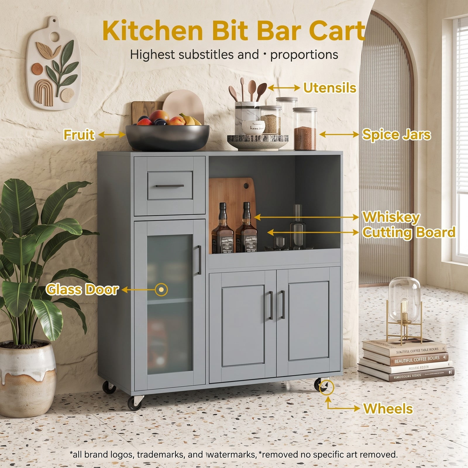 Furnibear Rolling Kitchen Island Cart with Wheels, Drawer, Frosted Glass Door Cabinet and Adjustable Shelf, Mobile Storage Trolley for Kitchen Dining Room, Gray