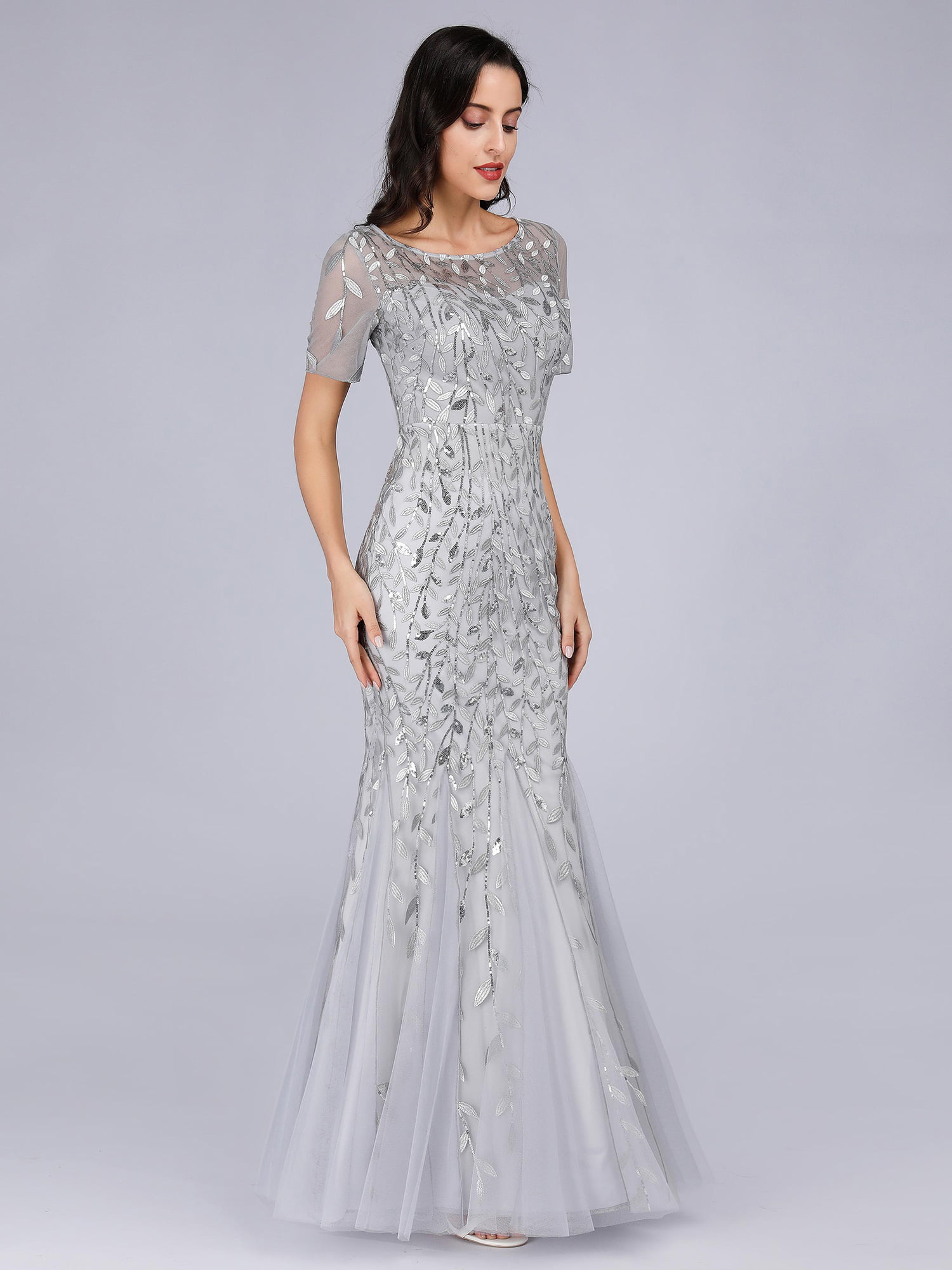 Ever-Pretty Women't Elagant Short Sleeve Long Mermaid Sequin Tulle Prom Evening Dresses EZ07707
