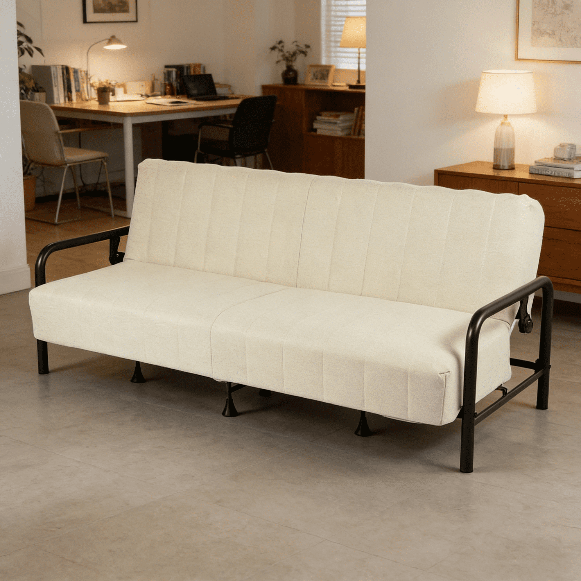 Gewnee 78 Inches Linen Futon Sofa Bed,Modern Convertible Couch with Adjustable Backrest Angles,Suitable for Apartment,Living Room,Small Space,Beige