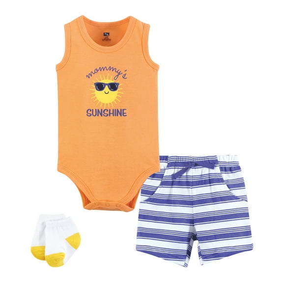 Hudson Baby Infant Boys Bodysuit, Short and Sock, Orange Sunshine, 0-3 Months