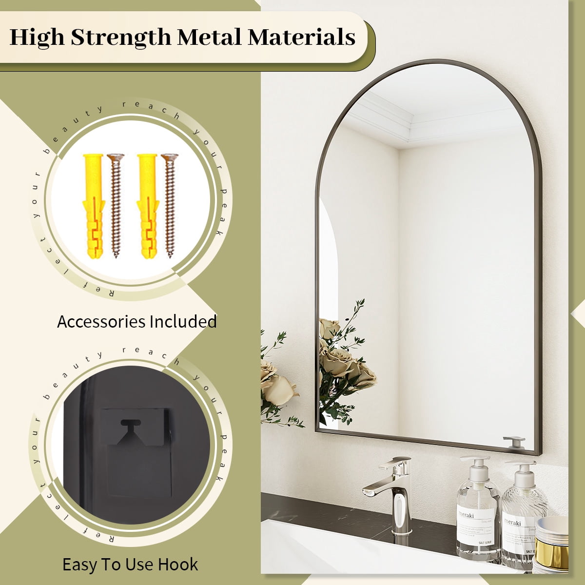 Anyrose 24"x16.1" Arched Vanity Mirror Bathroom Mirror Wall Mounted, Black