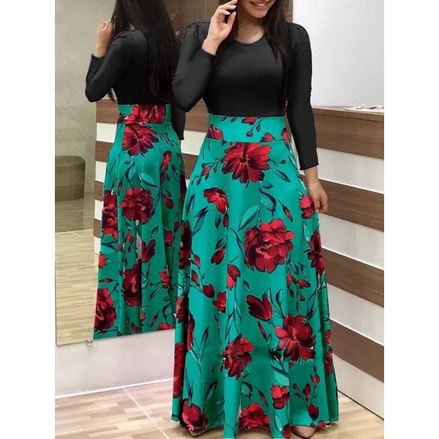 2024 Robe à Manches Courtes style Européen et Américain Imprimé Floral pour Femmes Grande Jupe Évasée