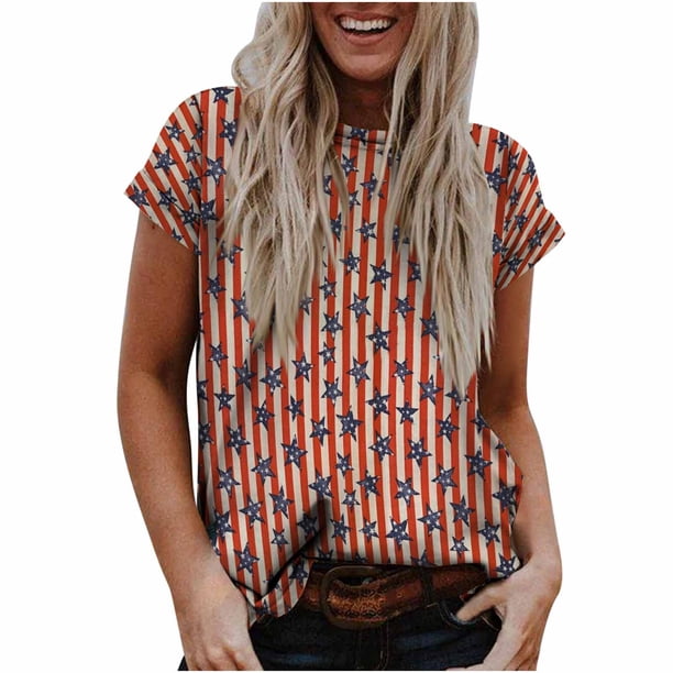 Tops de mujer Moda Casual Blusa suelta Bandera del Día de la Independencia Impresión de cuello redondo Camiseta Camisas Blusa Camiseta estampada Pompotops hfajkhk129844