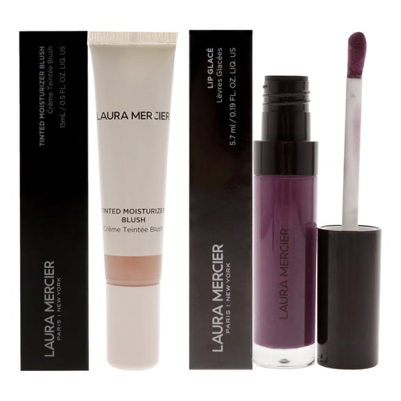 Laura Mercie Lip Glace - 210 Berry Bliss and Tinted Moisturizer Blush - Mediterranee 2 Pc Kit - 0.19oz Lip Gloss, 0.5oz Blush