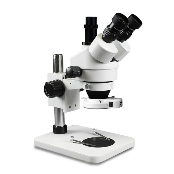 Vision Scientific VS-1F Trinocular Zoom Stereo Microscope, Paired 10x Widefield Eyepiece, 0.7x-4.5x Zoom Range, 7x-45x Magnification Range, Pillar Stand, Fluorescent Ring Light