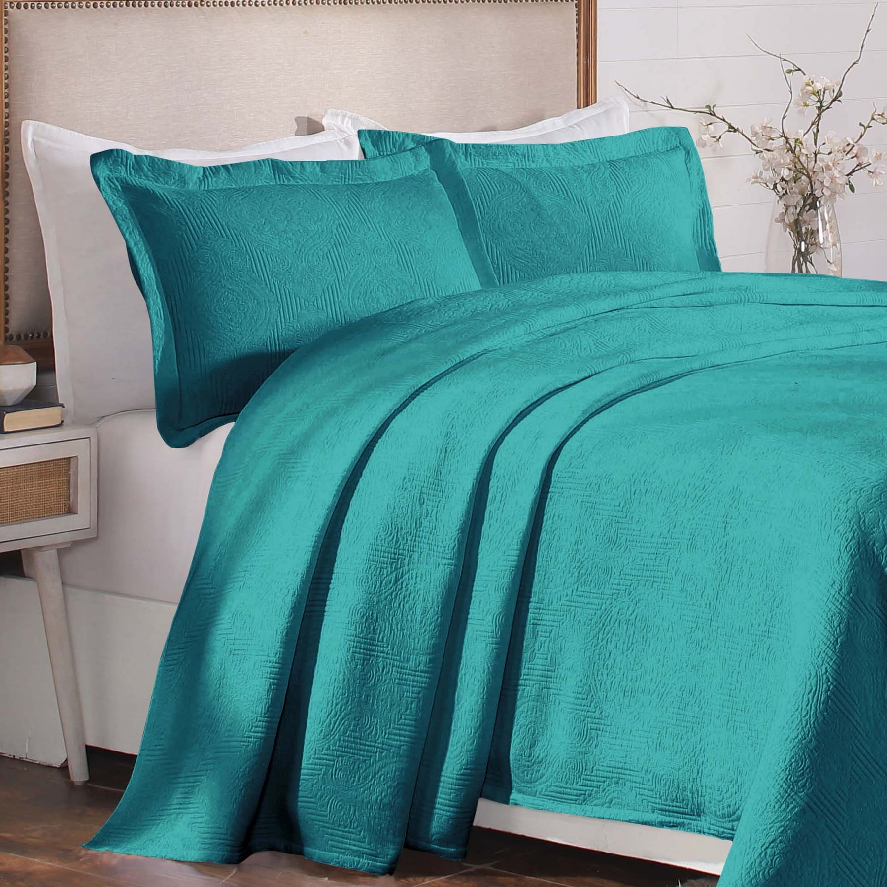 Superior 3-Piece Victory Cotton Matelasse Teal Bedspread Set, Full