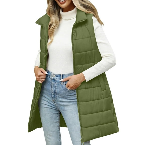 Women's Long Vest Plain Sleeveless Hood Winter Vest Outwear Jacket Lightweight Warm Coat Outerwear with Zip-Up and Cotton Material for Women's Casual Fashion and Apparel,Army Green,L