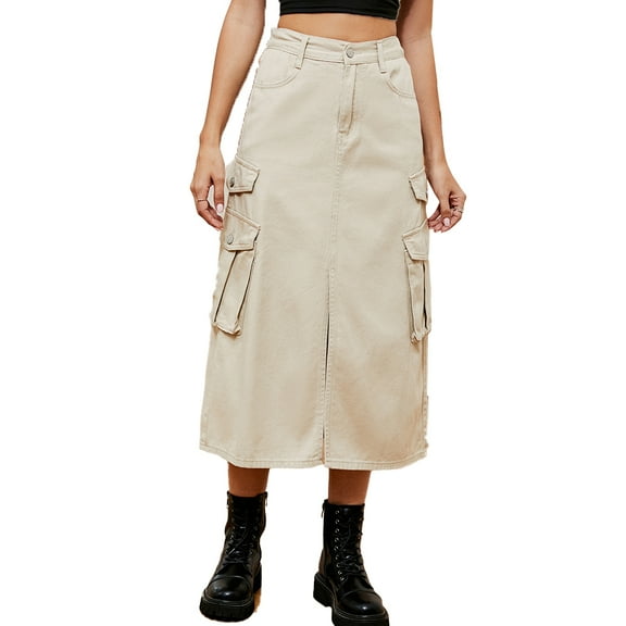 Chenyin Women's High Waisted Denim Maxi Skirts Summer Washed Jean Short Skirts with Pockets Long Skirts for Womens Size S-2XL