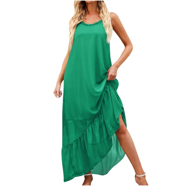 QIPOPIQ Robes pour Femmes Robe Évasée à Étages Manches Courtes Tendance Ourlet Haut-Bas à Volants Robe d'Été Robe Maxi Bretelles Spaghetti Unie Fluide Plage Longue Robe Offres 2023