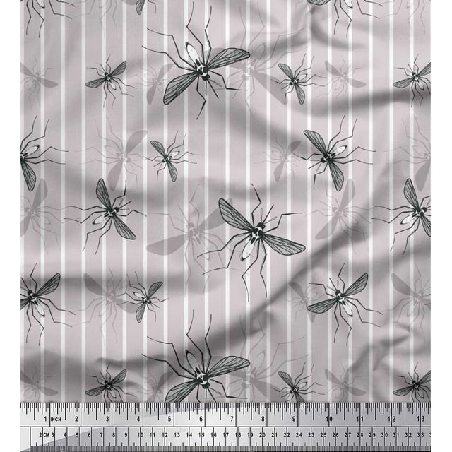 Soimoi Grey Rayon Crepe Fabric Stripe & Mosquito Insects Decor Fabric Printed Yard 46 Inch Wide