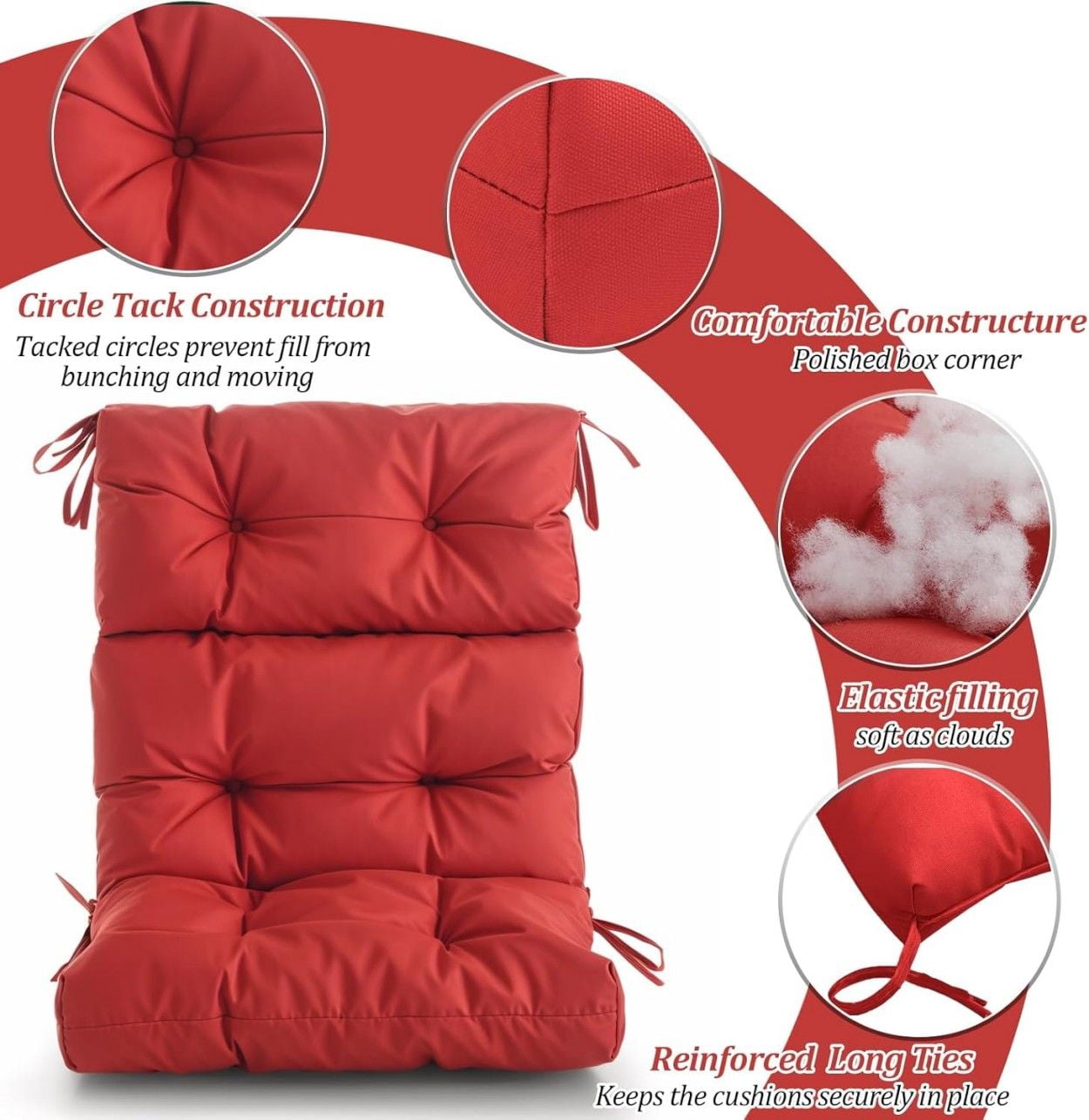 Outdoor Patio Chair Cushion, High Back Chair Cushion with String Ties, Spring/Summer Seasonal All Weather Replacement Rocking Chair Cushion, Adirondack Chair Cushion