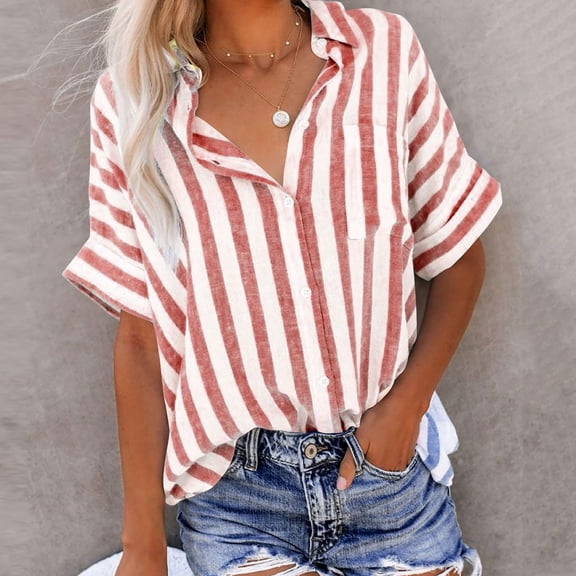 Red Womens Tops Women Striped Button Down Shirts Cotton Linen Blouse Tops Short Sleeve Collar Guaze Shirt Trendy Vacation Work Clothes Shirts for Women