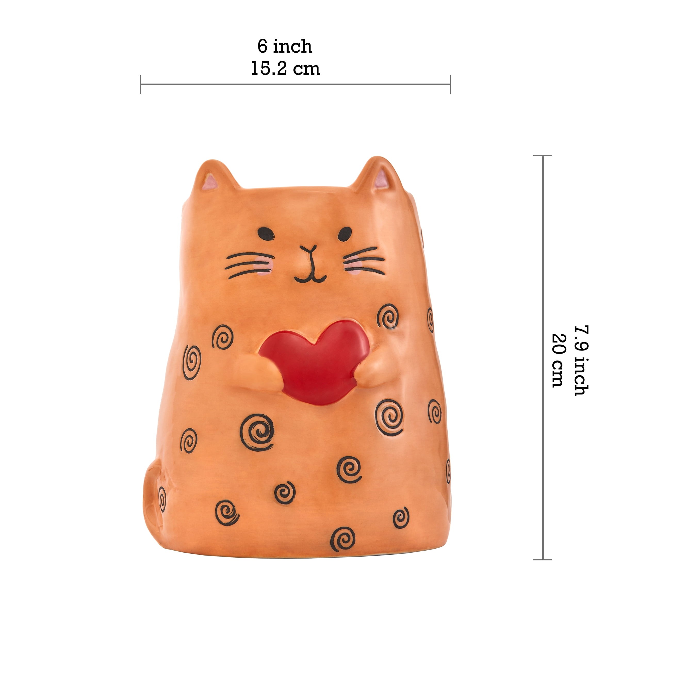Bico Cartoon Cat Handpainted Stoneware Orange 7.9 inch Utensil Holder, Dishwasher Safe