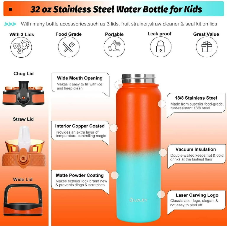  Kids Water Bottle - 12oz Orange, Leak Proof With Straw &  Handle, 24 Hours Cold, Insulated, Double Wall Stainless Steel, Easy Sip  Toddler Cup, Child's Flask