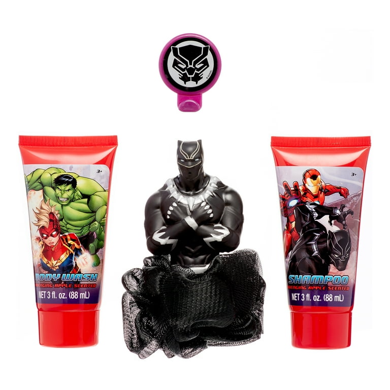 Marvel Avengers Black Panther 4 Piece Soap & Scrub. Shampoo, Body Wash,  Bath Scrubby & Hook. Avenging Apple Scented.