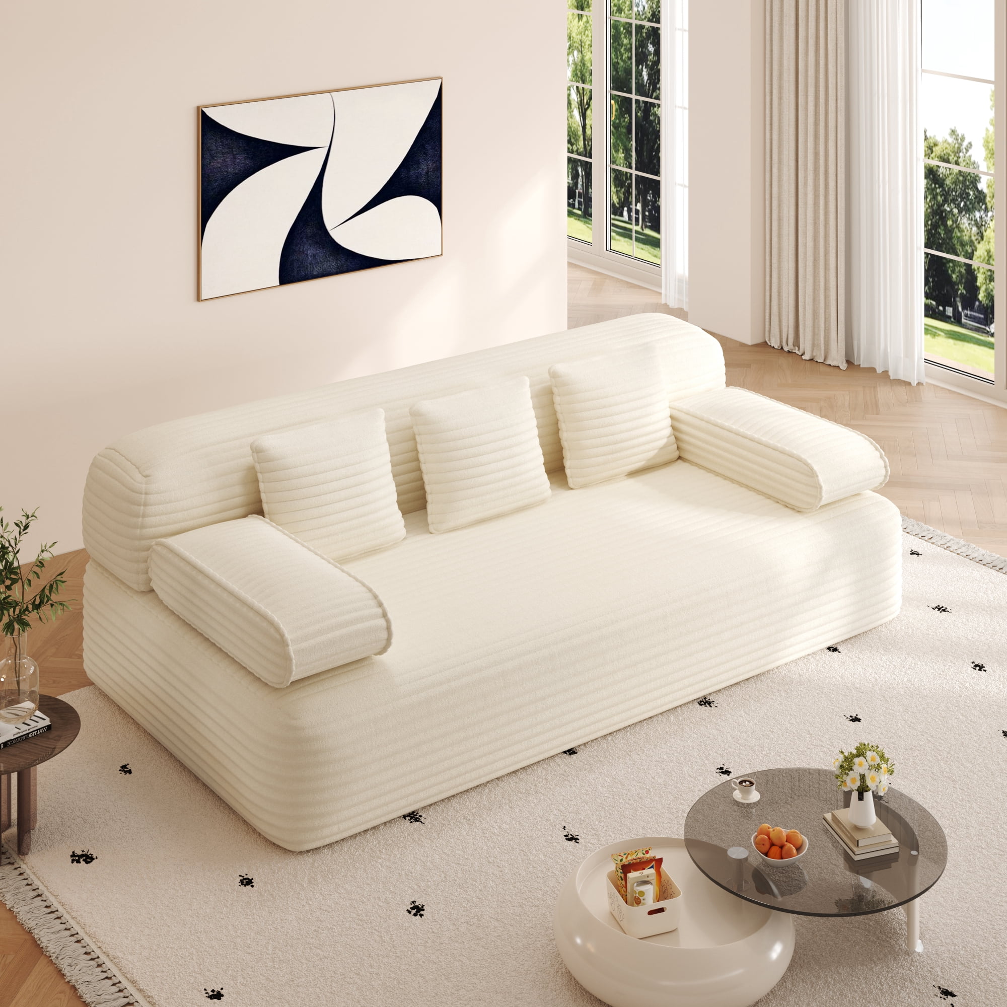 Leumius 78.7" Convertible Sofa Bed with 3 Pillows,Folding Boneless Couches with Deep Seats and Armrest,Plush Corduroy Fabric Futon Sofa Bed for Small Spaces, Apartments and Bedrooms,Beige
