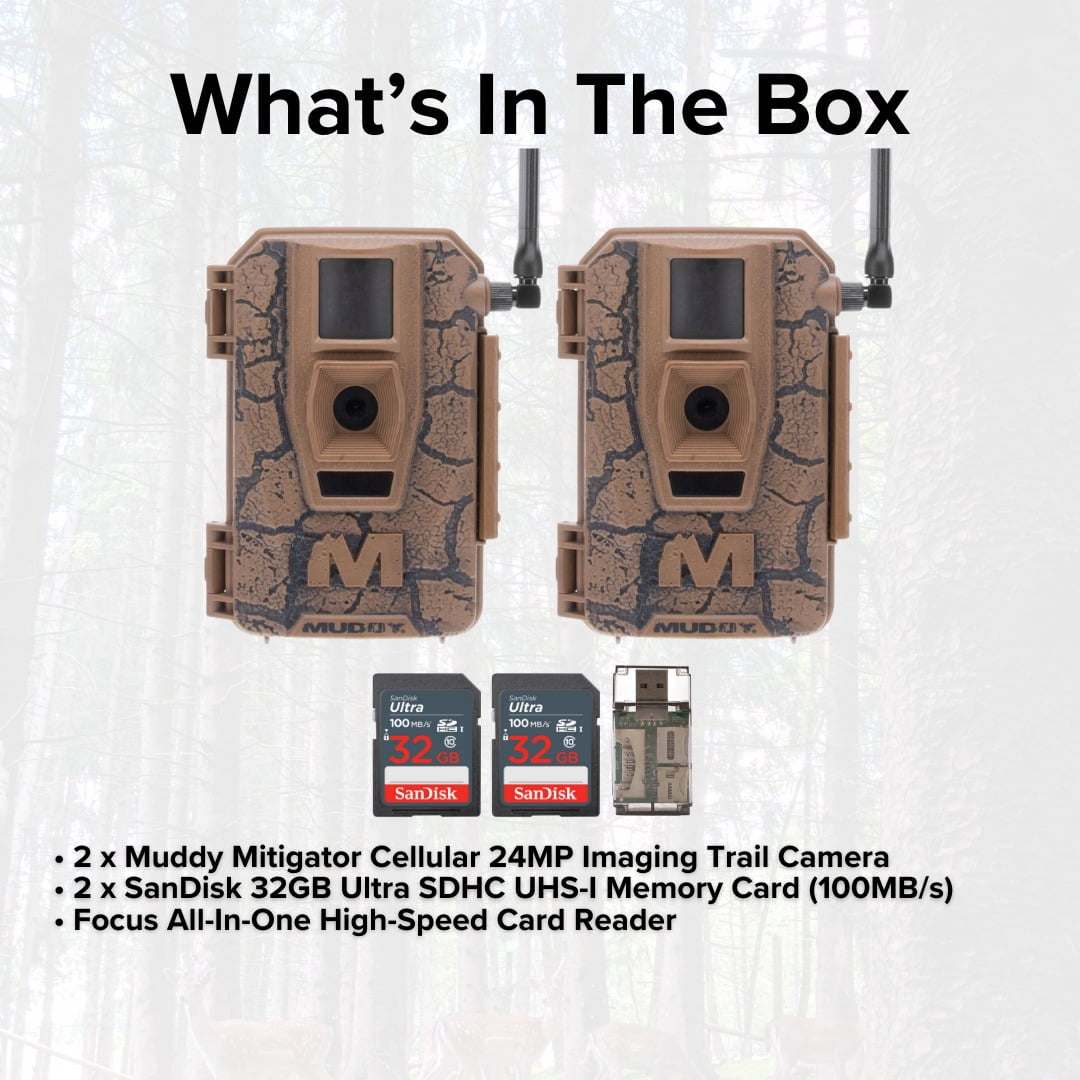 Muddy Mitigator Cellular 24MP Imaging Trail Camera with 80 Feet Detection and Flash Range (2-Pack) Bundle with 32GB Ultra SDHC UHS-I Memory Card (2-Pack) and High Speed Card Reader (5 Items)