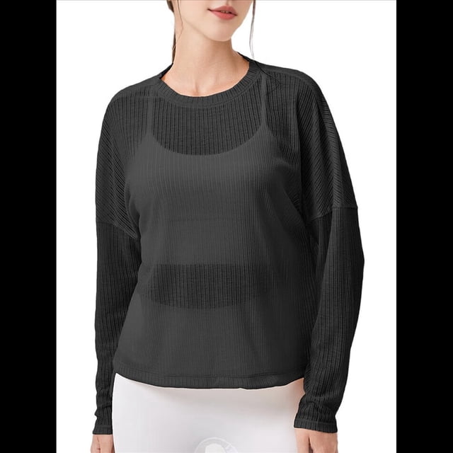 Blusa de Entrenamiento Holgada de Larga con Transparente para Mujer, Cuello Redondo y Mangas Largas Negro S