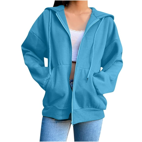 PEZHADA Fall Savings Women Lightweight Thin Zip-Up Hoodie Jacket Solid Plus Size Long Sleeve Drawstring Hooded Sweatshirt with Pocket Sky Blue