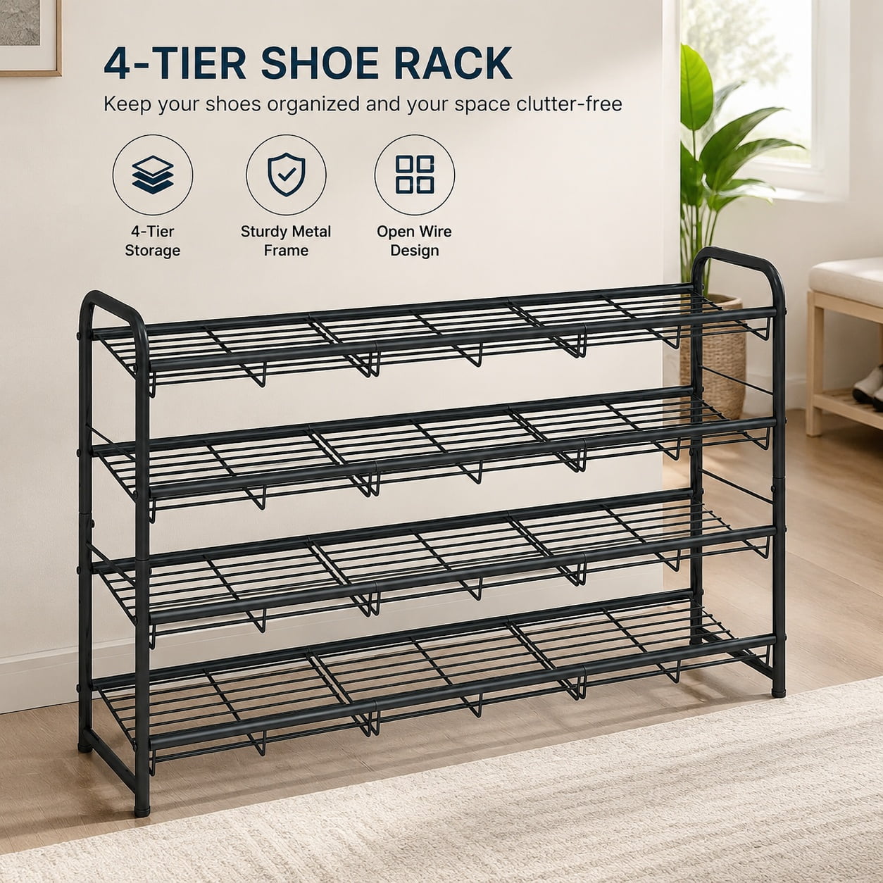 4-Tier Long Stackable Metal Shoe Rack Holds Up to 20 Pairs Space-Saving Organizer