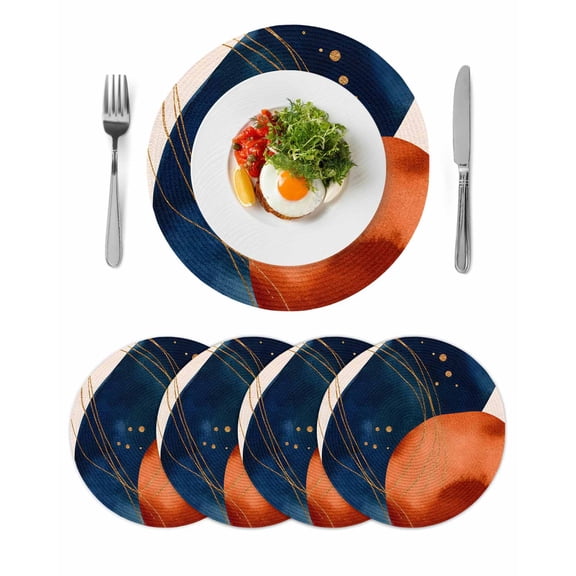 Navy Blue Burnt Orange Round 15 Inch Placemats Set of 4, Boho Artwork Geometric Modern HeatResistant Non Slip Place Mats for Dining Table, Wipeable Braided Kitchen Table Mats for Housewarming