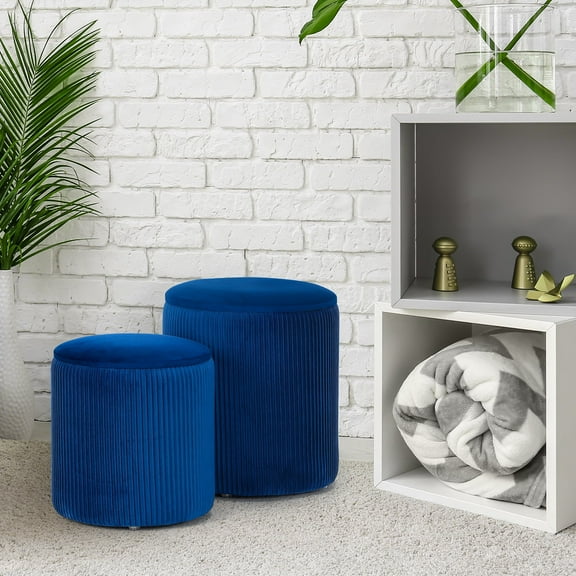 Set of 2 Velvet Storage Ottomans, Round Vanity Stool and Footrest for Bedroom and Living Room
