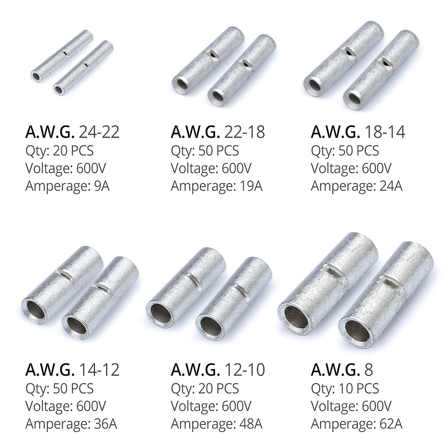 25-Pack 14-12 Gauge Non-Insulated Tinned Copper Butt Connectors - AC/DC Wire And Supply