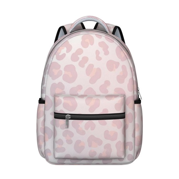 Pink and White Leopard Print Backpack for School, Cute School Bag with Adjustable Shoulder Straps and Padded Back, 15.3"x11"x7.1"