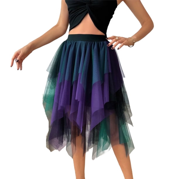 Falda de Alta Cintura Elástica de las Mujeres Falda Asimétrica en Capas de Cintura Alta con Diseño de Gradiente, Tela Suave Transpirable Midi Casual para el Verano