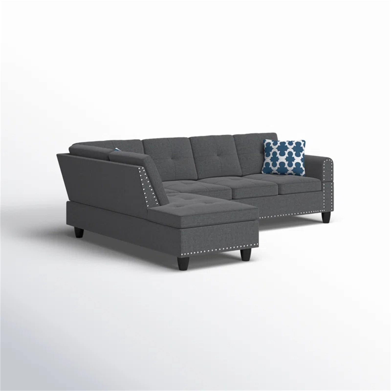 Hommoo L-Shaped Upholstered Sectional Sofa Couch with Storage & Cup Holders, Linen Living Room Sofa Set, No Ottoman, Dark Gray