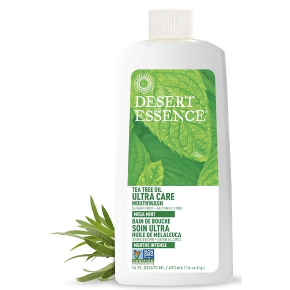 Desert Essence Natural Tea Tree Oil Ultra Care Mouthwash - Mega Mint - 16 Fl Oz - Freshens Breath - Defends Against Sugar Acids - Vitamin C - Soothes Gums - Whitening Floss - Removes Food Debris