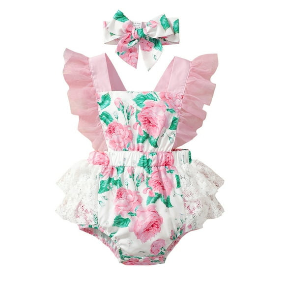 12 Months Baby Girls Romper 18 Months Girls One-piece Bodysuit Flower Print Toddler Girls Sleeveless Floral Bodysuit with Headband Pink