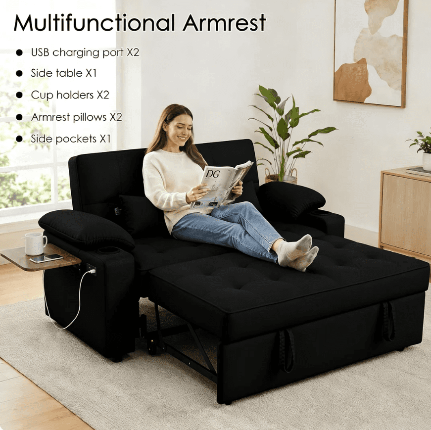 58" Sleeper Sofa Bed, Full Size Pull Out Couch, Convertible Loveseat Sofa with 5-Level Adjustable Backrest, USB Charging Ports, Cup Holders & Foldable Side Table, for Living Room, Apartment & Office