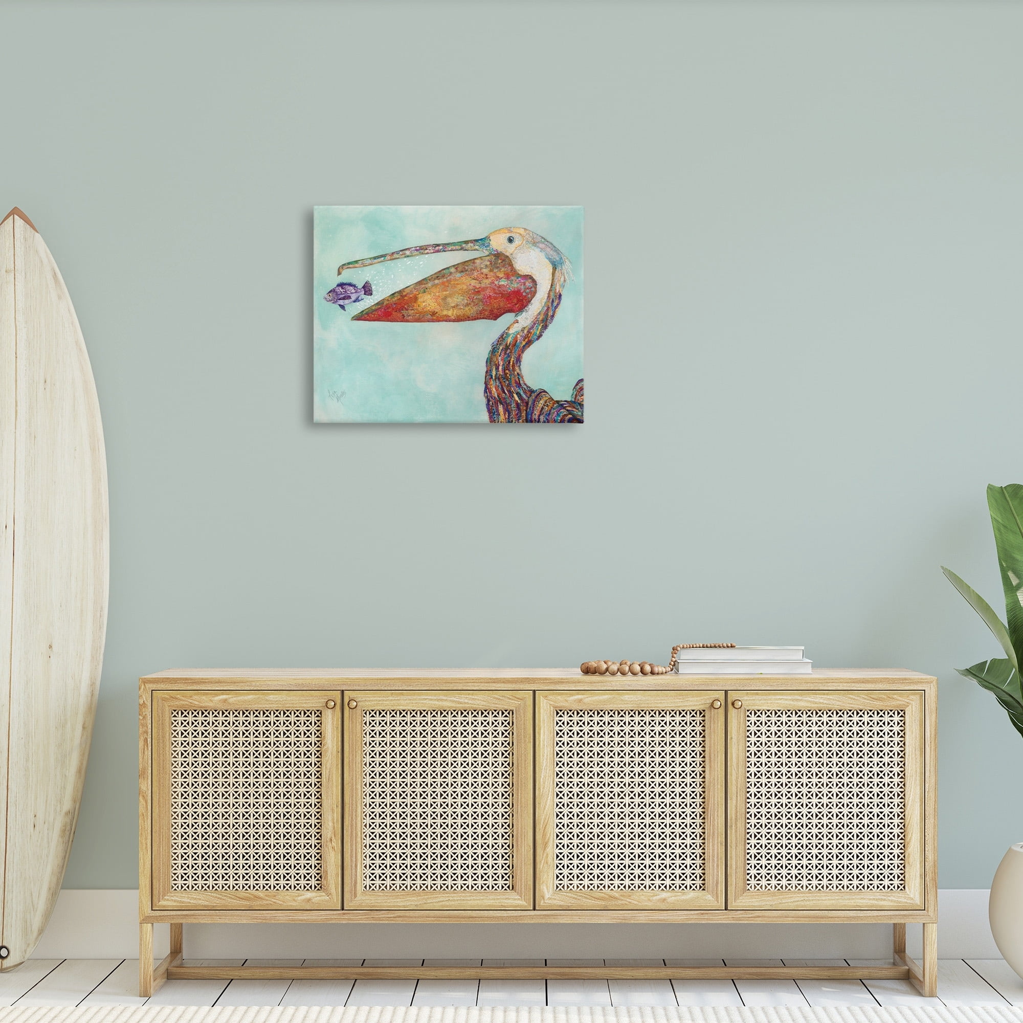 Stupell Industries Pelican's Lost Supper Fish and Patterned Feathers Animals & Insects Painting Gallery Wrapped Canvas Art Print Wall Art, 24 x 30