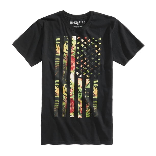 Camiseta con gráfico de bandera tropical de Ring Of Fire para hombre, negro, extragrande