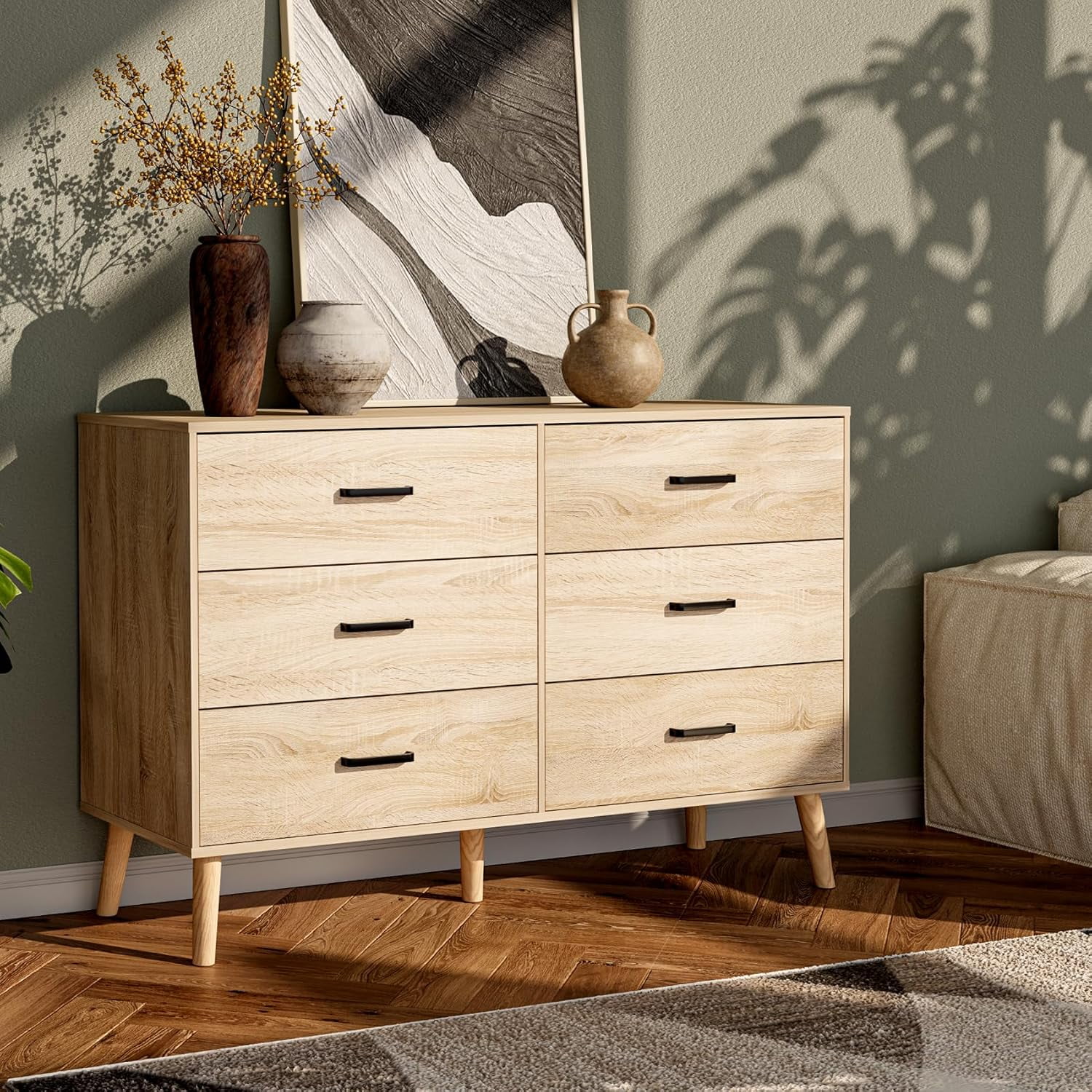 Meteorleg 6 Drawer Dresser for Bedroom, Wood Oak Dresser with Wide Drawers and Metal Handles,Modern Dresser Chest for Bedroom,Living Room,Entryway
