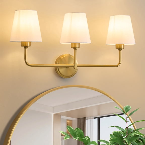 Deyidn 3-Light Modern Vanity Light with Fabric Shades, 25.19 Inch Wide Gold Wall Sconce for Bathroom Mirror